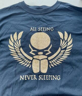 All Seeing, Never Sleeping logo in gold glitter on black t-shirt