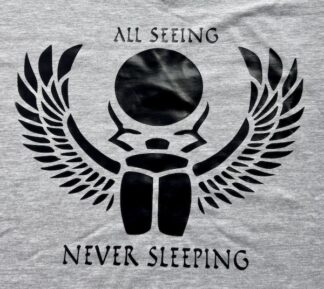 Gray All Seeing, Never Sleeping scarab logo in black vinyl