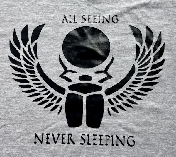 Gray All Seeing, Never Sleeping scarab logo in black vinyl