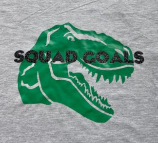 Gray Dynosauros shirt with squad goals in black glitter