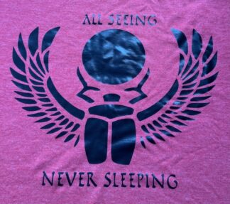 Red t-shirt with black All Seeing, Never Sleeping scarab logo